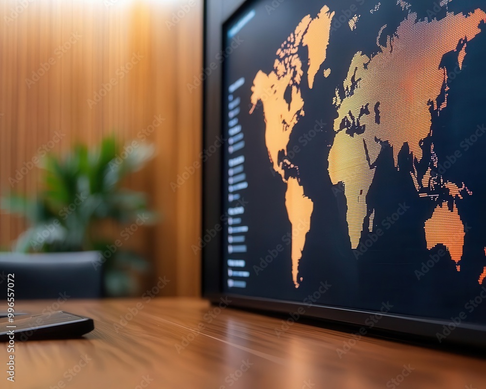 Business team in a modern conference room, digital world map, financial ...