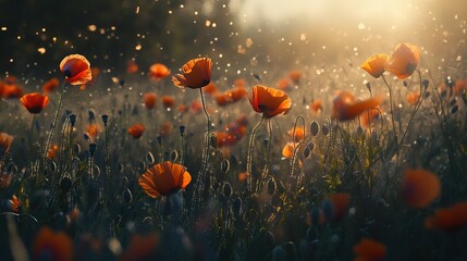 Wall Mural - A vibrant field of orange poppies swaying gently in the warm sunlight during a serene afternoon in early spring