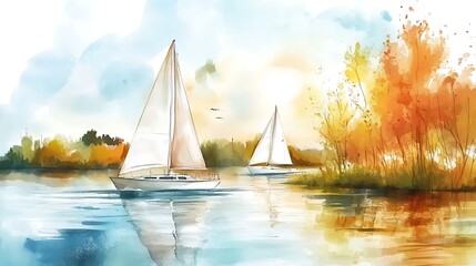 Poster - Watercolor Painting of Sailboats on a Calm Lake.