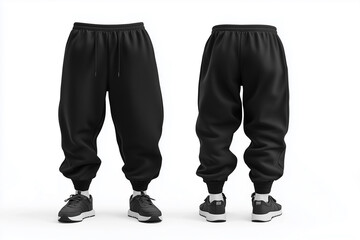 Two black pants are shown side by side. The pants are black and have no visible design. The pants are sitting on a white background