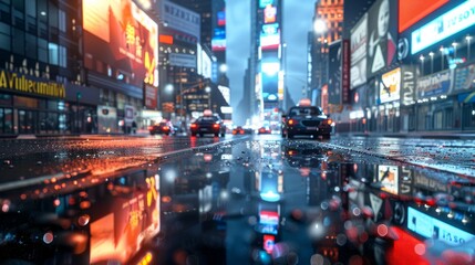 Wall Mural - 3D Rendering of billboards and advertisement signs at modern buildings in capital city with light reflection from puddles on street. Concept for night life, never sleep business district center (CBD) 