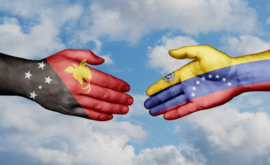 Venezuela and Papua New Guinea country handshaking with flags, consensus concept international co-operation illustration