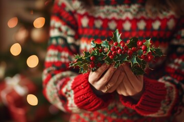 Festive hands holding holly and berries