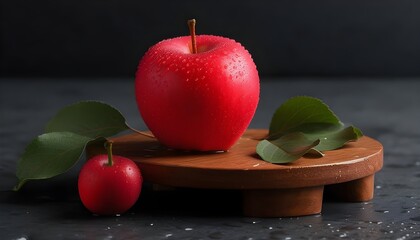 Wall Mural - Vibrant red apple resting on rustic wooden shelf