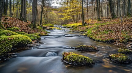 Wall Mural - A tranquil stream flows through a lush forest clearing during spring, showcasing new greenery and gentle water movement