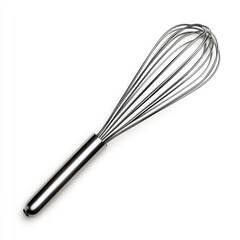 A shiny stainless steel whisk perfect for blending, mixing, and whipping ingredients in the kitchen.