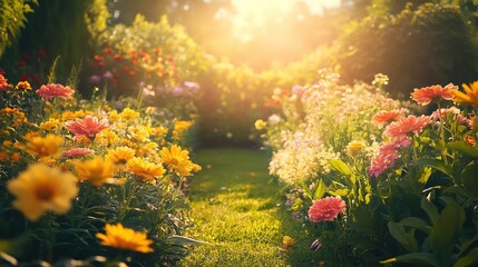 Wall Mural - Colorful spring wildflowers bloom in a sunlit meadow surrounded by tall trees during a bright afternoon