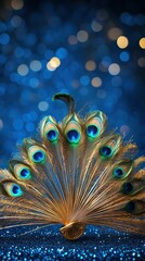 Wall Mural - Decorative peacock feather fan, placed on a sapphire blue backdrop with sparkles in the background, copy space, happy Diwali background, traditional, Indian festival.