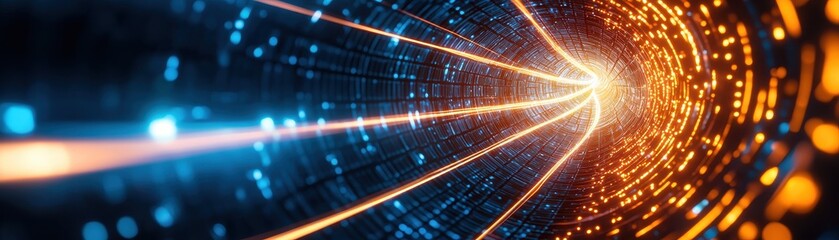 Fototapete - Abstract light tunnel with blue and orange colors