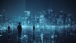 © NatthaphonSiri - Silhouettes of businessmen looking at a futuristic city with glowing lines and a digital network.
