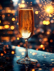 Festive sparkling champagne glass with bokeh lights and fireworks celebration