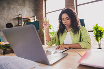 Photo of nice young woman office worker point finger read clipboard wear shirt loft interior business center indoors