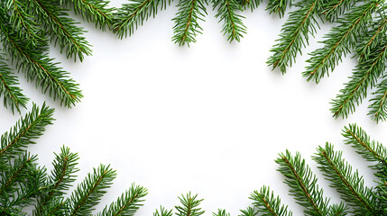 Wall Mural - Decorative border frame with evergreen pine branches isolated on white  background with copy space for text