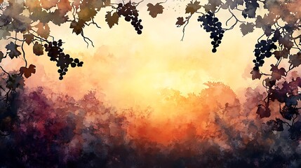 Wall Mural - Watercolor Painting of Grapes on a Vine with a Sunset Background.