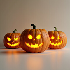 Three carved pumpkins with glowing jack-o'-lantern faces, each with unique expressions: a smiling face, a mischievous smirk, and a scary grimace, set against a stark white background, highlighting the