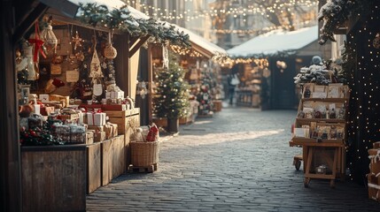 An empty scene featuring (a charming winter market filled with handmade holiday goods), creating an ideal product mockup space, 