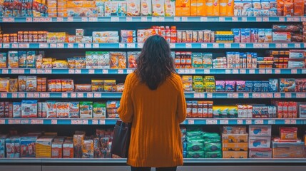 A shopper, standing in front of vibrant and colorful shelves in a supermarket, scans the options thoughtfully, surrounded by a wide variety of neatly arranged products.