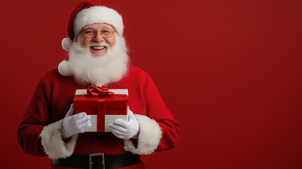 Santa Claus joyfully holding a gift against a bright red background during the holiday season