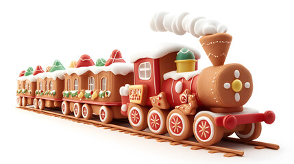 Wall Mural - Festive Christmas gingerbread train cookie decorated with colorful icing isolated on white