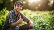 © Elmira - A young farmer smiles and gives a thumbs up while crouching in a vibrant field of green crops, illuminated by the warm light of the setting sun, showcasing pride in his work