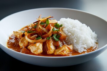 a mouthwatering portion of chicken massaman curry, with juicy chicken, crispy fried onions, and fluffy steamed rice, served in a simple yet elegant white bowl on a dark, gradient background