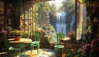 Wall Mural - 3D illustration with a waterfall view.