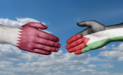 Poster - Palestine and Gaza Strip and Qatar country handshaking with flags, consensus concept international co-operation illustration