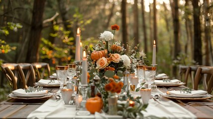 A table with a vase of flowers, plates, glasses, and utensils, and candles. Dinner table setting for Thanksgiving, wedding, fall holiday party. Blurred woods background.