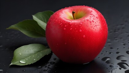 Vibrant Watercolor Depiction of a Lush Red Apple Drenched in Glimmering Water Droplets