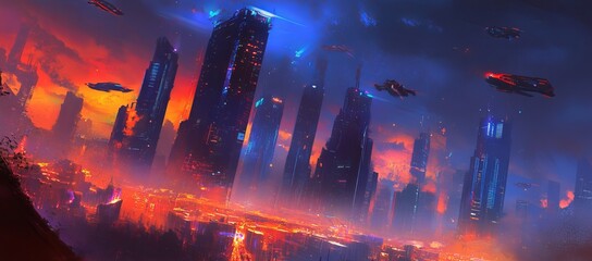 Sticker - A spectacular nighttime scene in a cyberpunk city with skyscrapers, flying cars, and neon lights. Digital art 3D illustration. Acrylic painting.