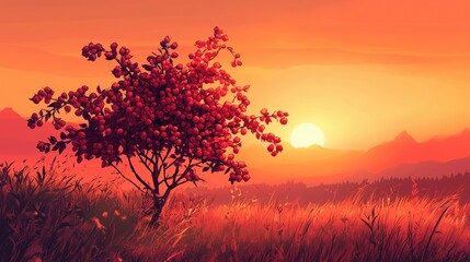 Wall Mural - A vibrant raspberry bush silhouetted against a stunning sunset in a comic style.