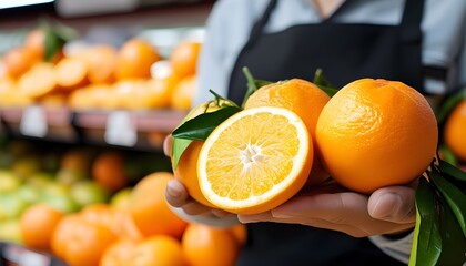 vibrant close-up of supermarket staff presenting fresh, juicy tangerine slices