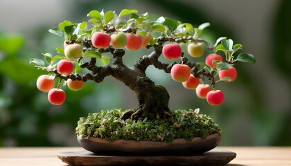 Whimsical Bonsai Tree adorned with Lush Moss and Vibrant Apples