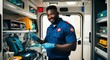 © Arceli - Friendly young Black paramedic in an ambulance checking medical equipment