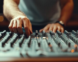 Man adjusting controls on a wired music mixer, focus on buttons and knobs