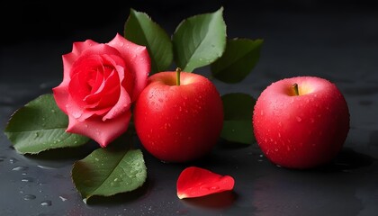 Wall Mural - Lush Still Life of Red Rose and Juicy Apple in Vibrant Colors