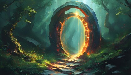 Wall Mural - Enigmatic portal radiating light, leading to an otherworldly dimension, embraced by a lush green forest