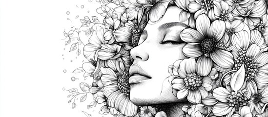 Monochrome illustration of a girl s face adorned with flowers Ideal for themes of astrology meditation nature conservation esoteric designs prints tattoos and fabric Original surreal artwork