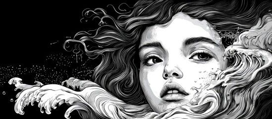 Hand drawn 2d illustration of an unusual young girl with ocean waves for a face Graphic Noir style suitable for character design card templates posters and t shirt prints