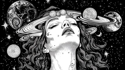 Wall Mural - Surreal tattoo art featuring a woman immersed in the universe symbolizing magic esotericism and astrology Black and white 2d graphic design for t shirts