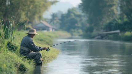 36. A fisherman demonstrating traditional casting techniques on a riverbank