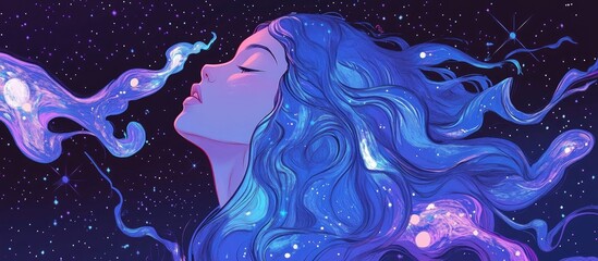 Wall Mural - Surreal girl immersed in the universe embodying themes of magic esotericism and astrology Ideal for trendy apparel and t shirt designs