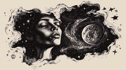 Wall Mural - Surreal tattoo art featuring a woman immersed in the universe symbolizing magic esotericism and astrology Black and white 2d graphic design for t shirts