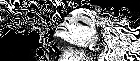 Black and white psychedelic line art featuring an abstract female figure Hand drawn doodles and lines create a unique 2d design