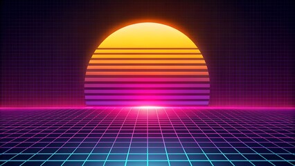Retro background futuristic landscape 1980s style. Vector perspective grid. 80s sci-fi or game style. Retro neon background