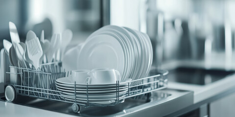 A collection of clean dishes, utensils, and cups neatly arranged in a dish rack on a kitchen counter, drying near a window.