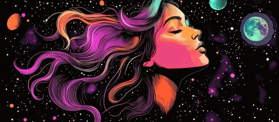 Wall Mural - Surreal girl immersed in the universe embodying themes of magic esotericism and astrology Ideal for trendy apparel and t shirt designs