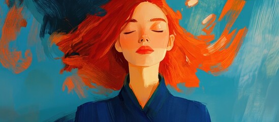 Abstract contemporary artwork featuring a woman with red hair in a blue coat eyes closed and appearing deep in thought A 2d illustration in a surrealistic style representing Gen Z culture