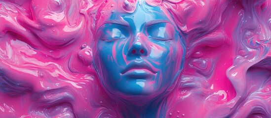 Wall Mural - 3D illustration featuring an abstract background centered around a female face created using vibrant pink and blue liquid textures in a unique artistic rendering