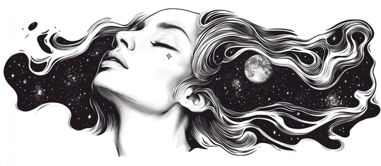 Wall Mural - Surreal tattoo art featuring a woman immersed in the universe A symbol of magic esotericism and astrology designed for t shirts in black and white 2d graphics
